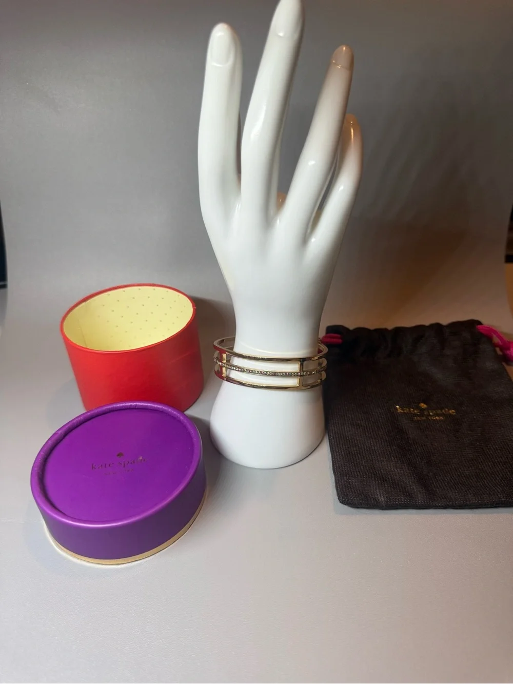 kate spade Gold Triple Bangle Bracelet with Purple and Red Boxes - Picture 3 of 5